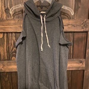 Grey open shoulder cut out hooded sweater